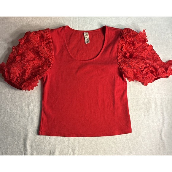 dolan Tops - Dolan Women's Top Large Red Lace Puffy Sleeve Blouse Whimsical Romantic Feminine